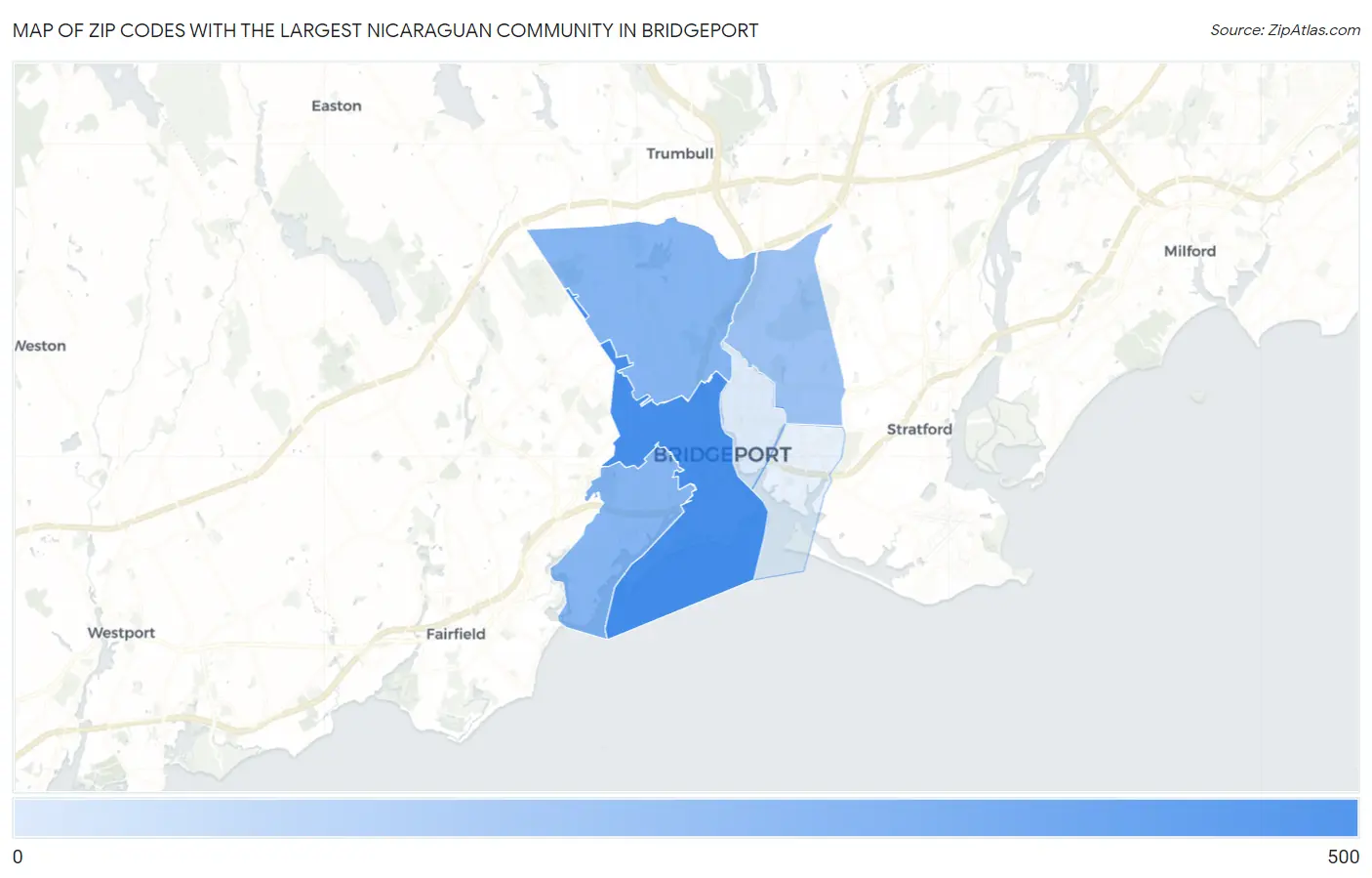 Zip Codes with the Largest Nicaraguan Community in Bridgeport Map