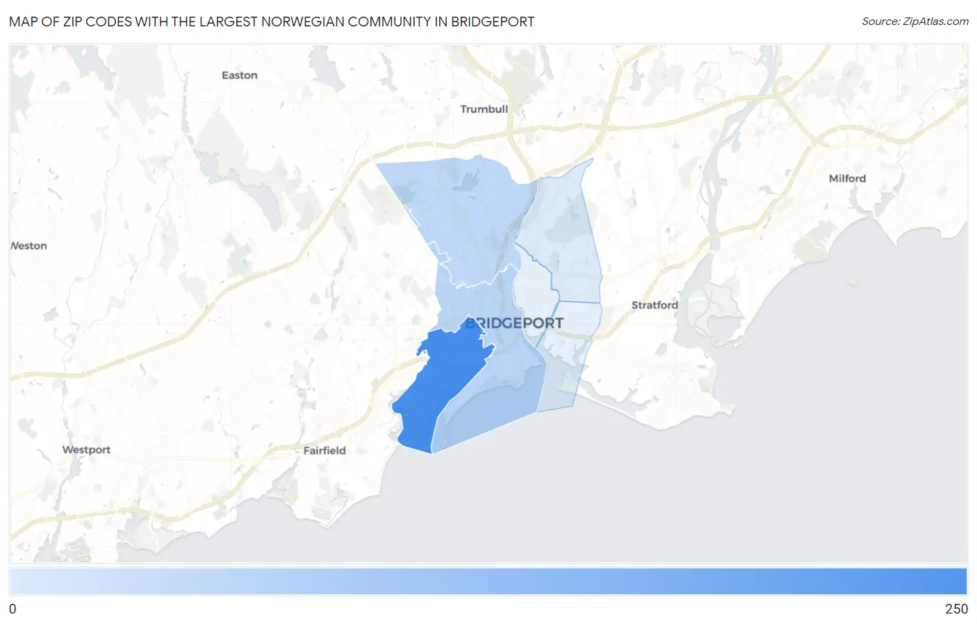 Zip Codes with the Largest Norwegian Community in Bridgeport Map