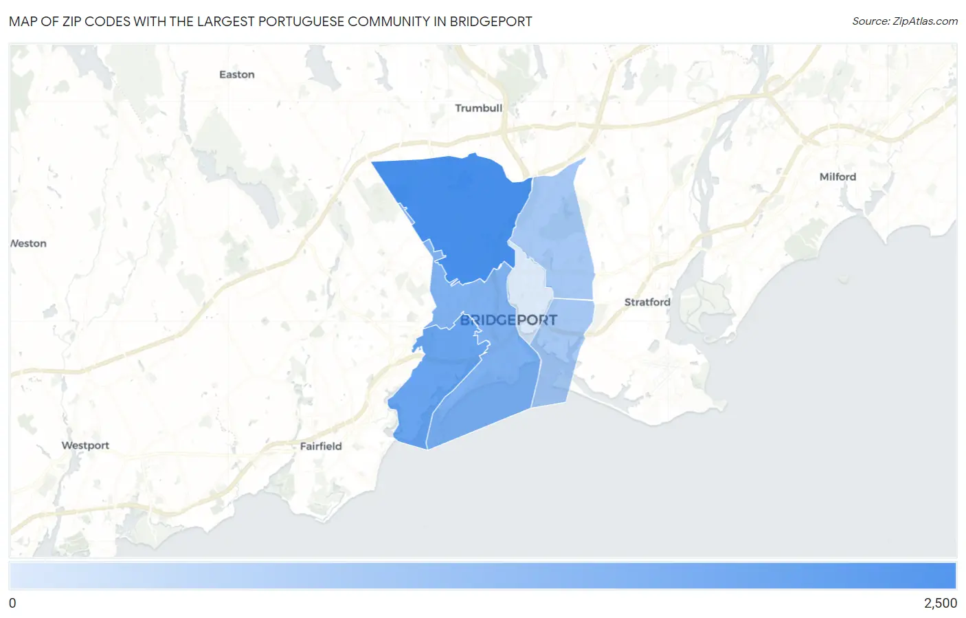 Zip Codes with the Largest Portuguese Community in Bridgeport Map