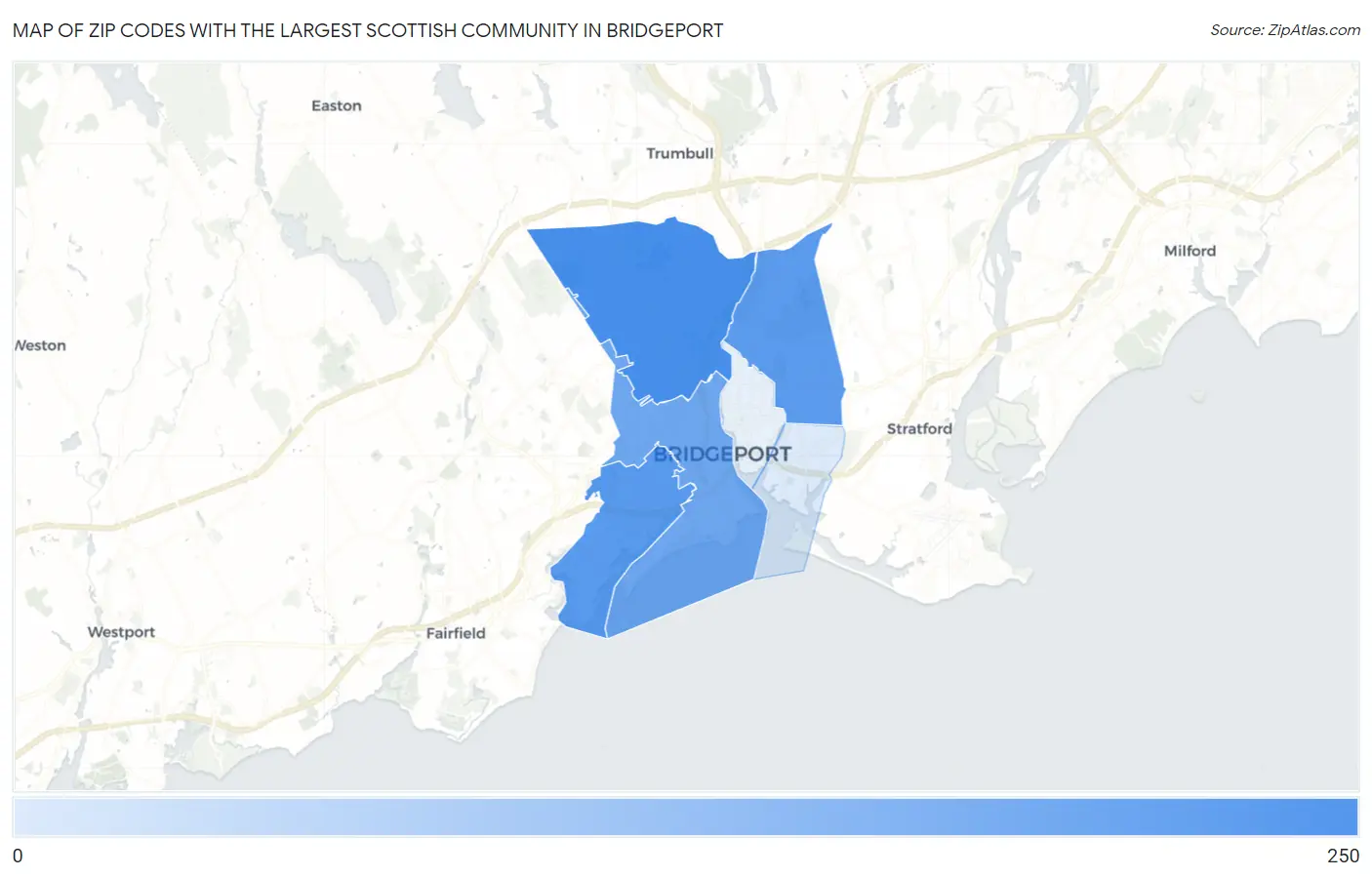 Zip Codes with the Largest Scottish Community in Bridgeport Map