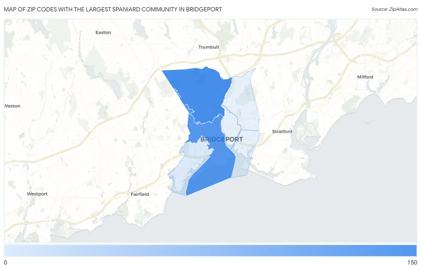 Zip Codes with the Largest Spaniard Community in Bridgeport Map
