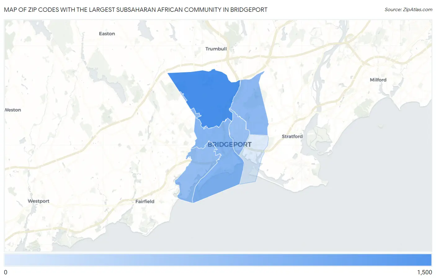 Zip Codes with the Largest Subsaharan African Community in Bridgeport Map