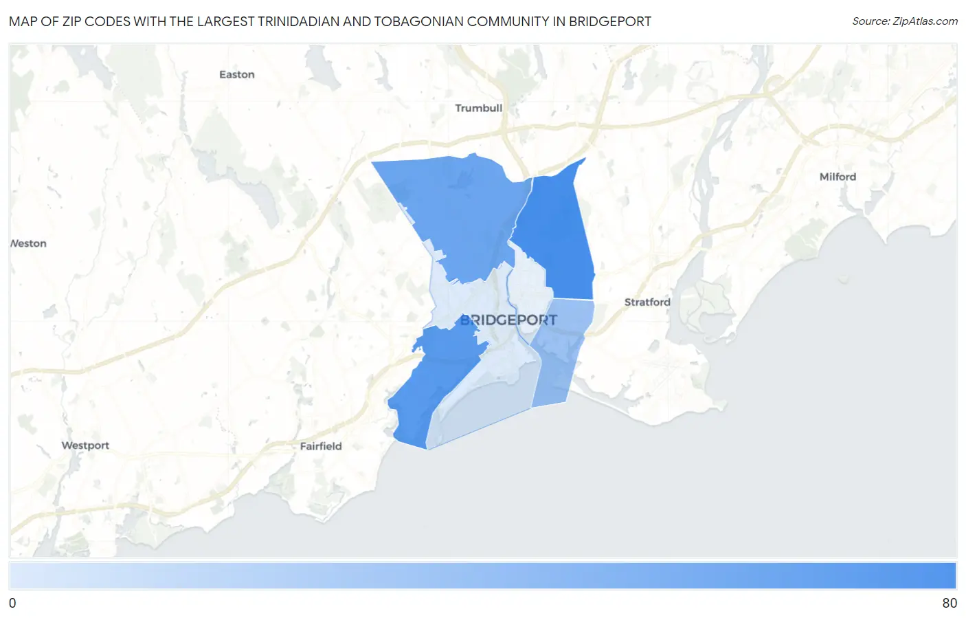Zip Codes with the Largest Trinidadian and Tobagonian Community in Bridgeport Map
