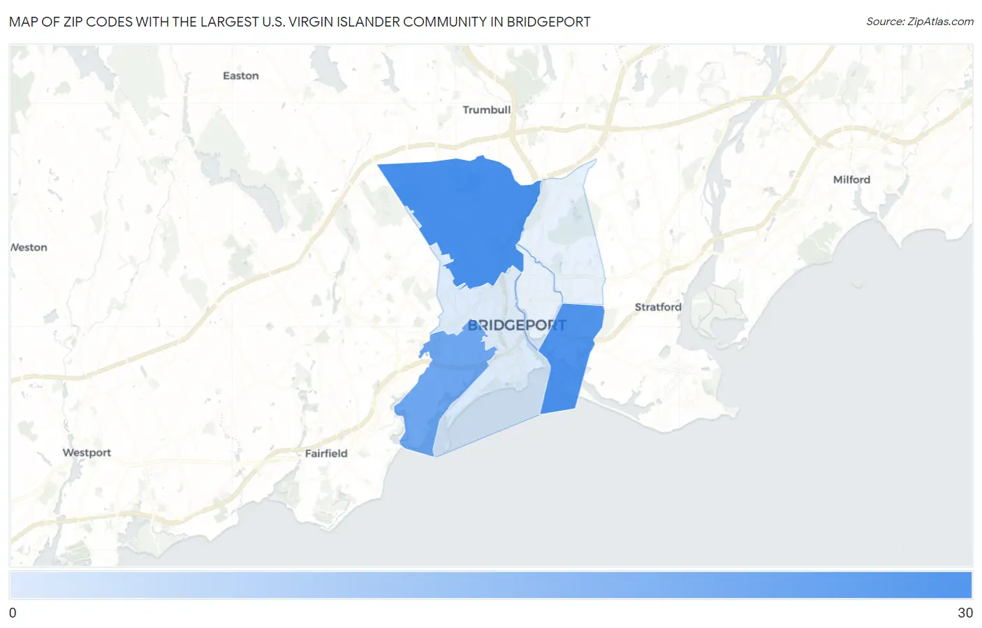 Zip Codes with the Largest U.S. Virgin Islander Community in Bridgeport Map
