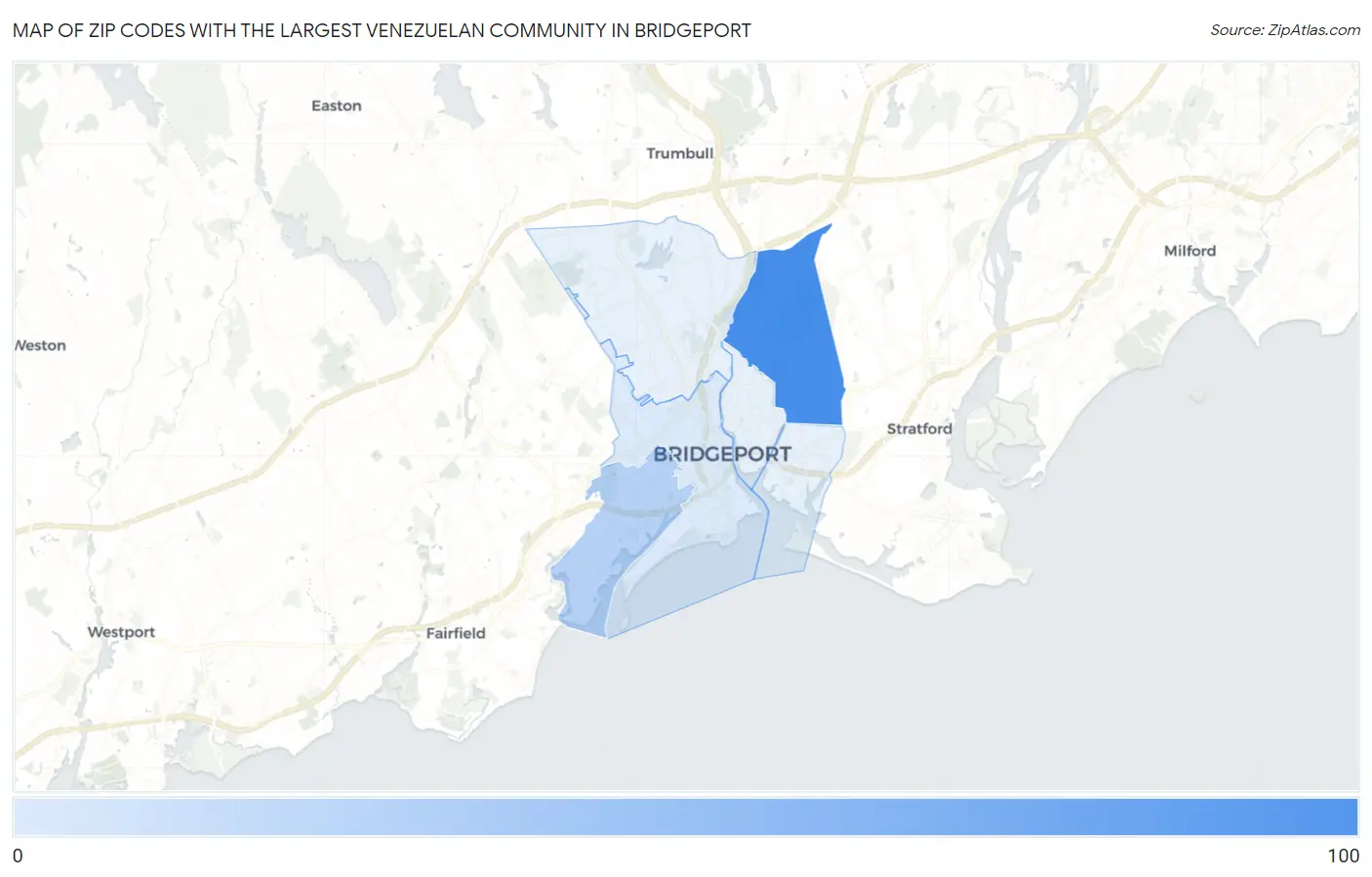 Zip Codes with the Largest Venezuelan Community in Bridgeport Map