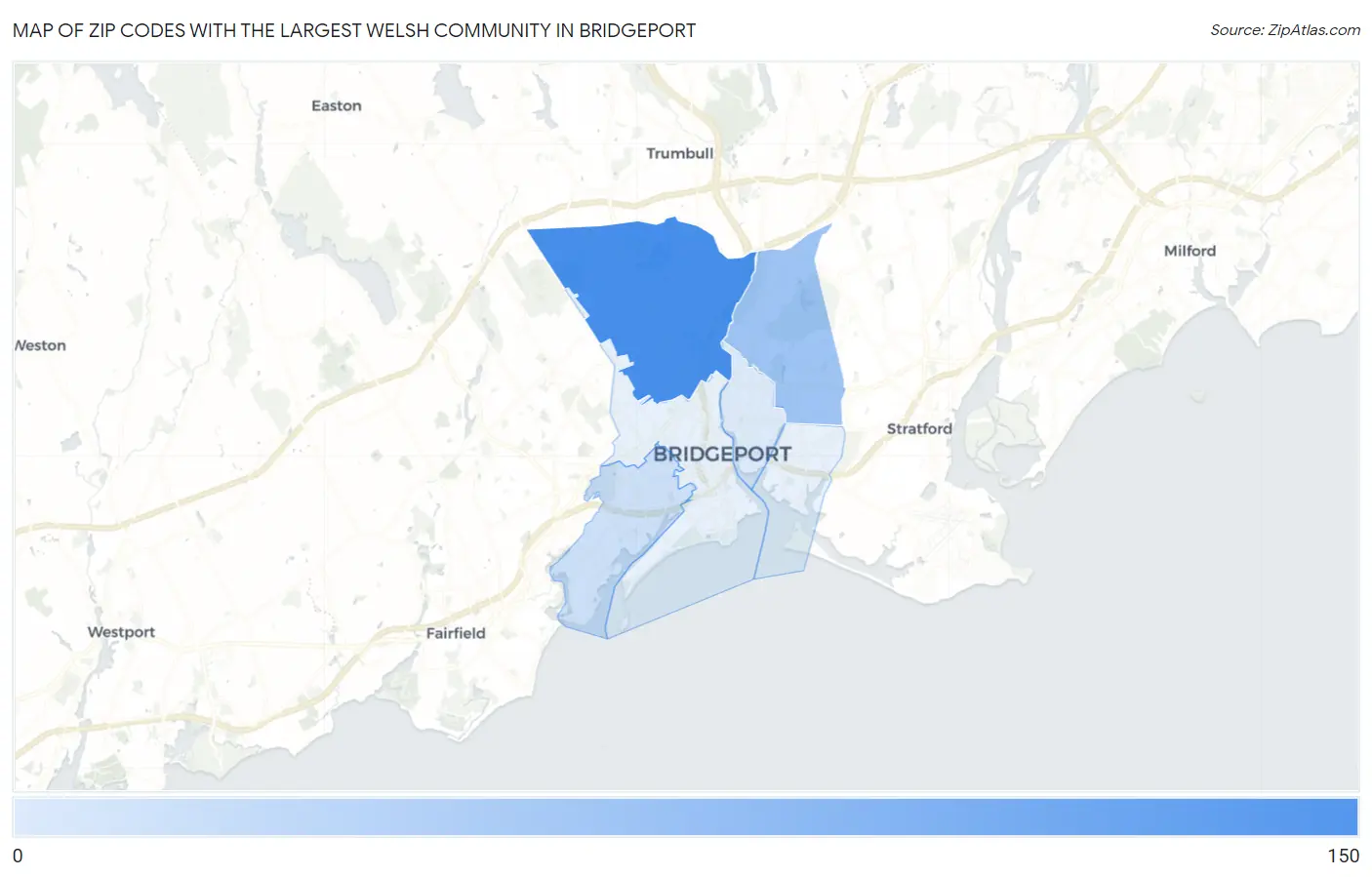Zip Codes with the Largest Welsh Community in Bridgeport Map