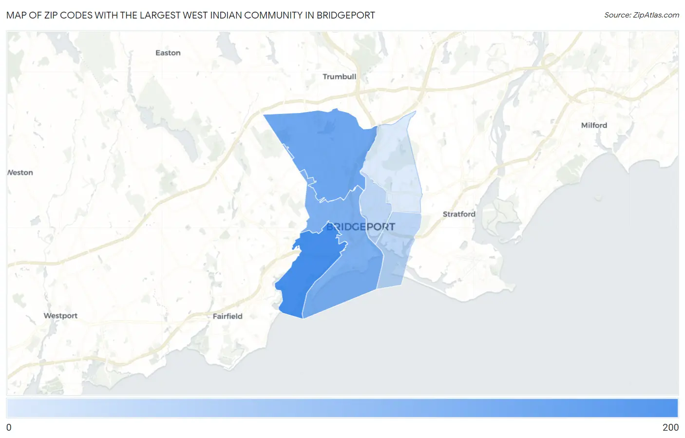 Zip Codes with the Largest West Indian Community in Bridgeport Map