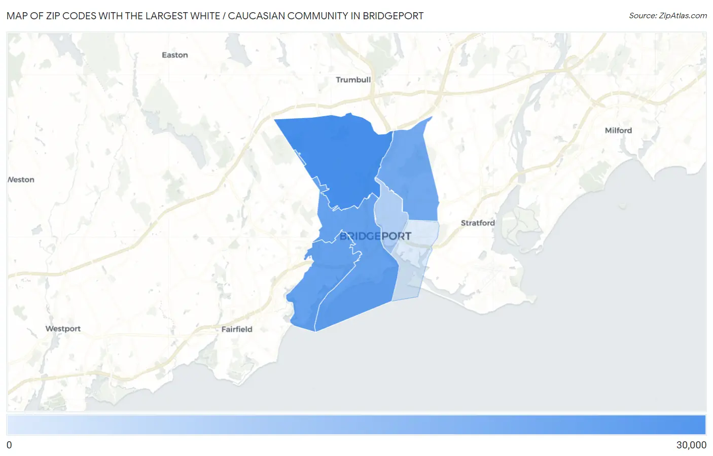 Zip Codes with the Largest White / Caucasian Community in Bridgeport Map