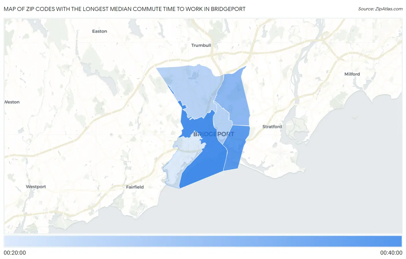 Zip Codes with the Longest Median Commute Time to Work in Bridgeport Map
