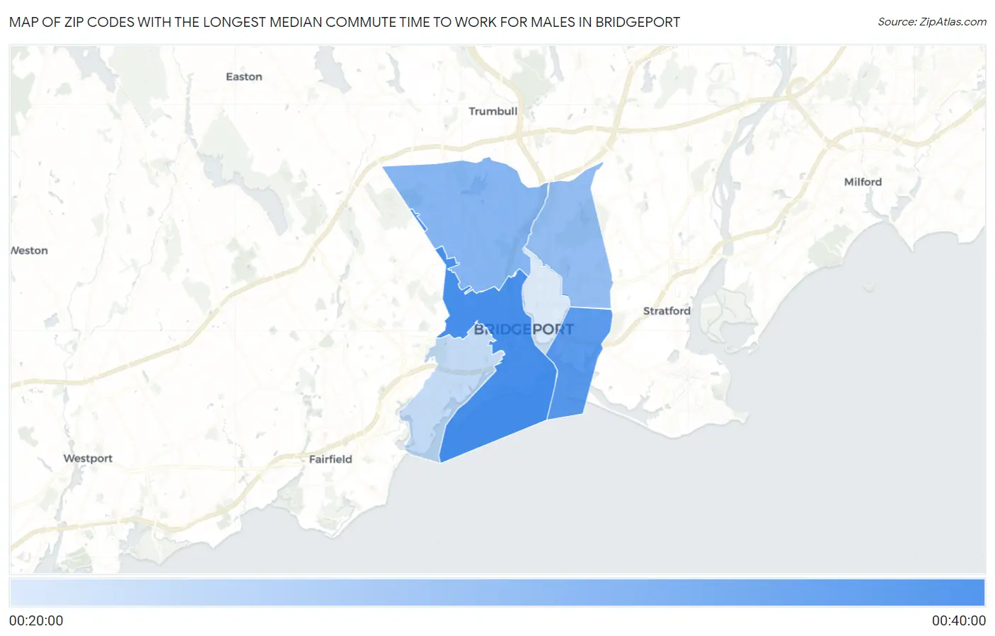 Zip Codes with the Longest Median Commute Time to Work for Males in Bridgeport Map
