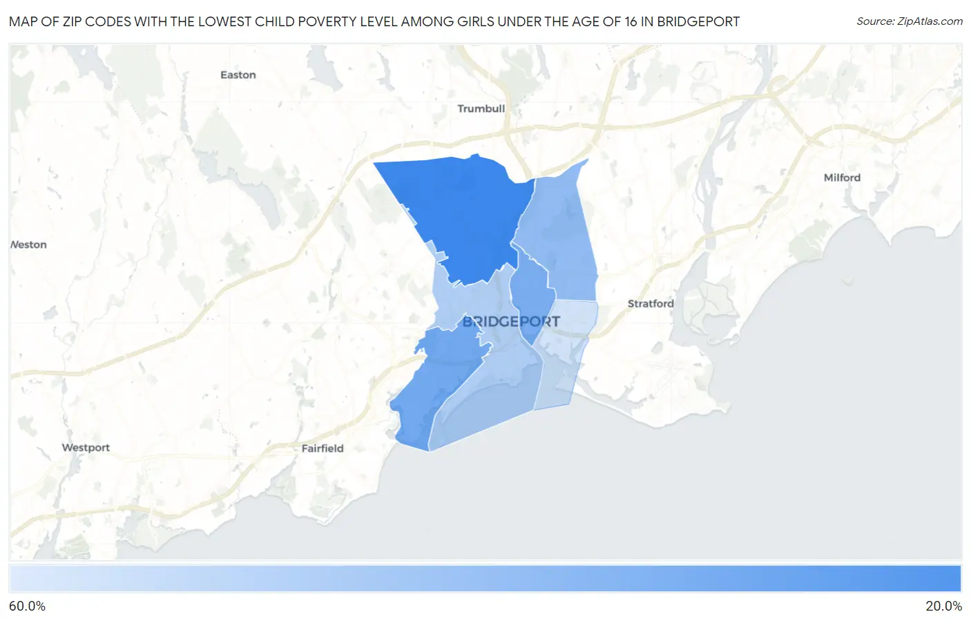 Zip Codes with the Lowest Child Poverty Level Among Girls Under the Age of 16 in Bridgeport Map
