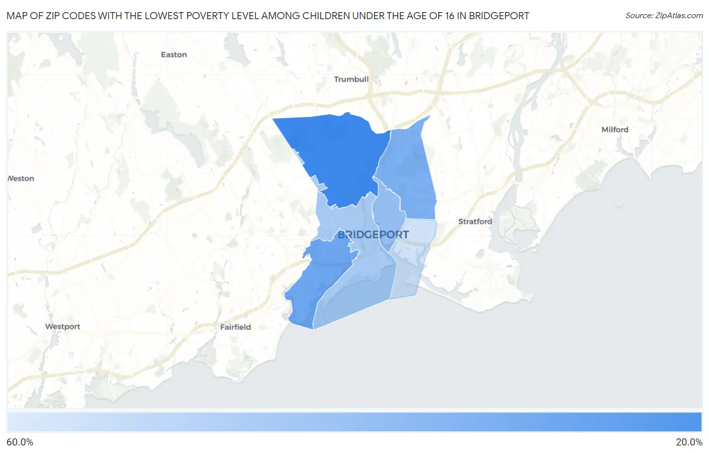 Zip Codes with the Lowest Poverty Level Among Children Under the Age of 16 in Bridgeport Map