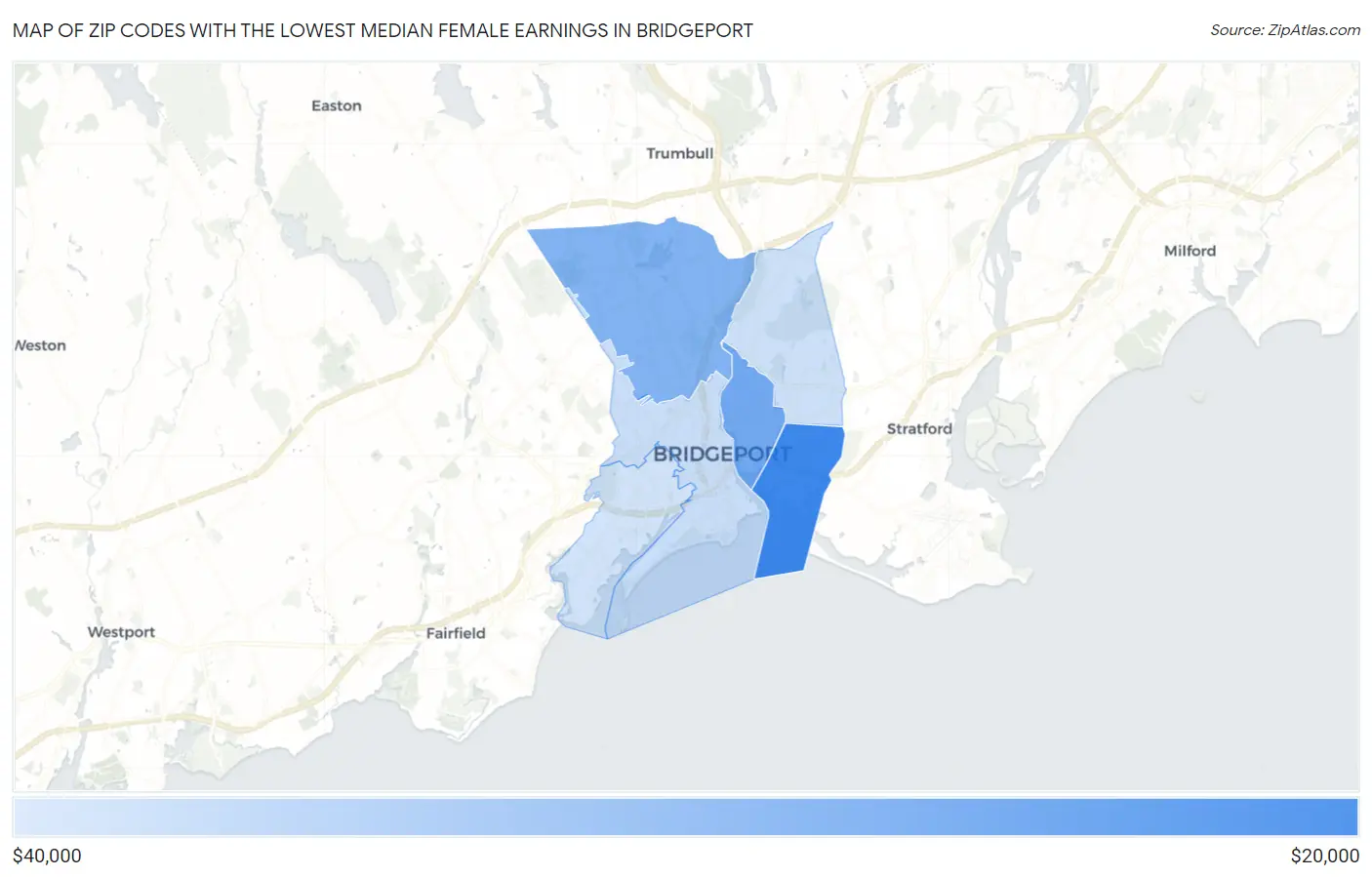 Zip Codes with the Lowest Median Female Earnings in Bridgeport Map