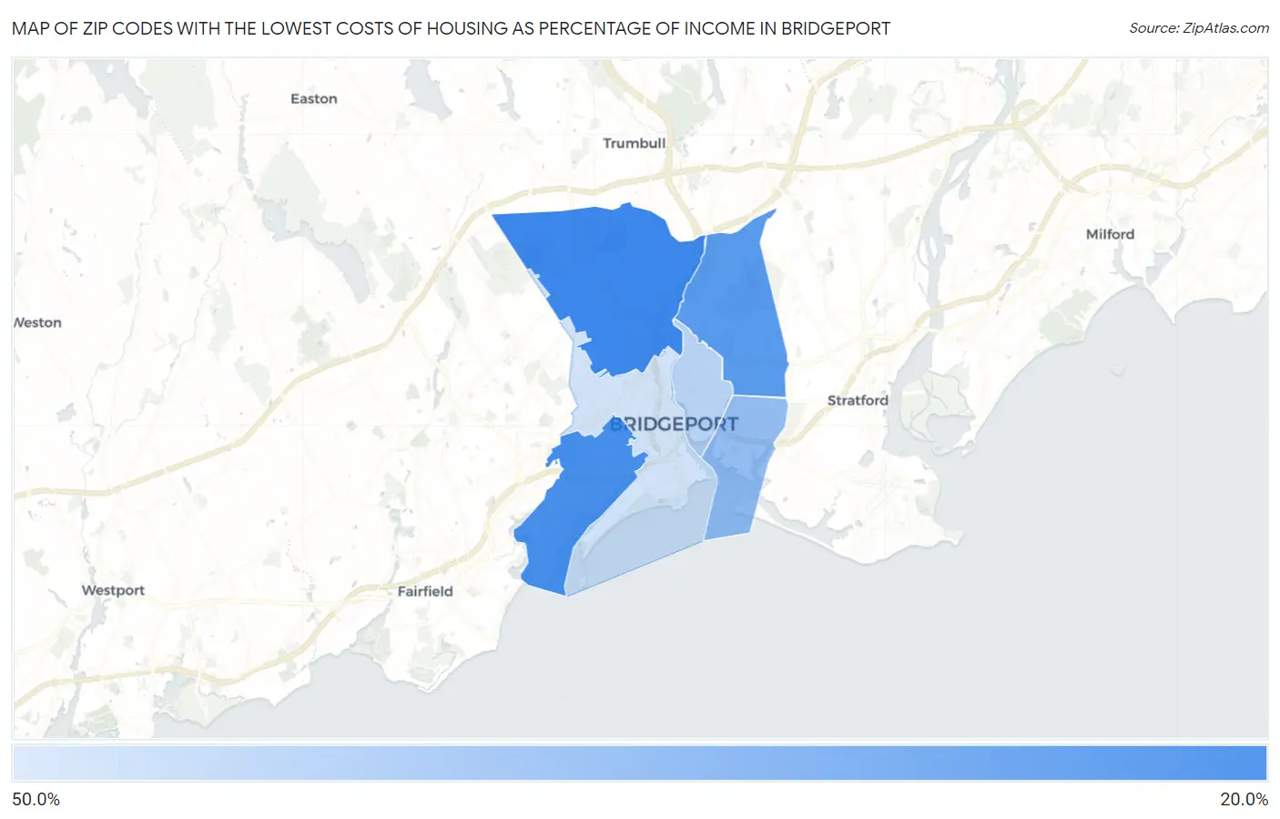 Zip Codes with the Lowest Costs of Housing as Percentage of Income in Bridgeport Map