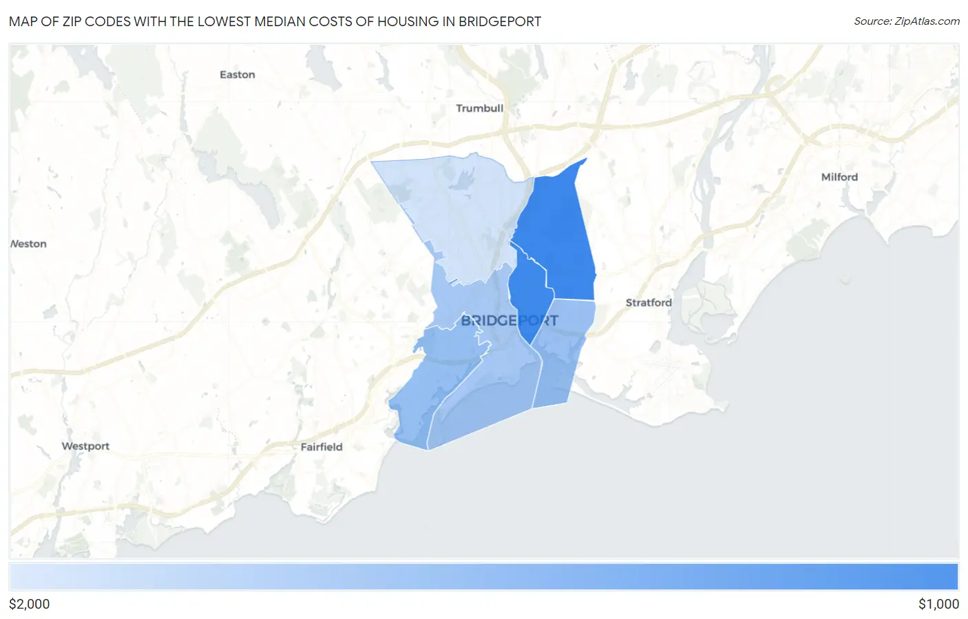 Zip Codes with the Lowest Median Costs of Housing in Bridgeport Map