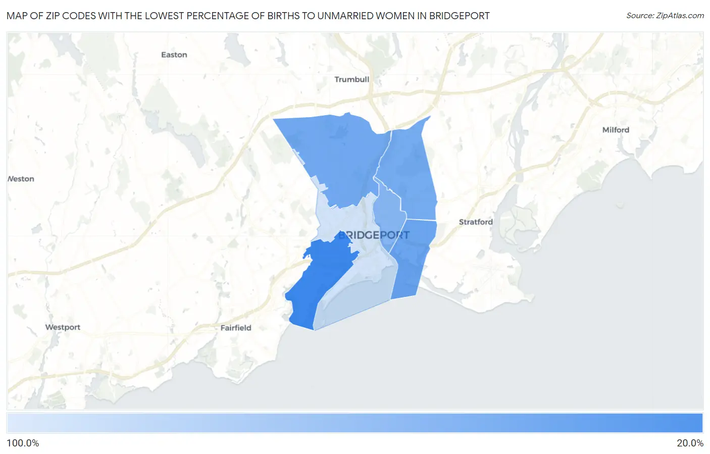 Zip Codes with the Lowest Percentage of Births to Unmarried Women in Bridgeport Map