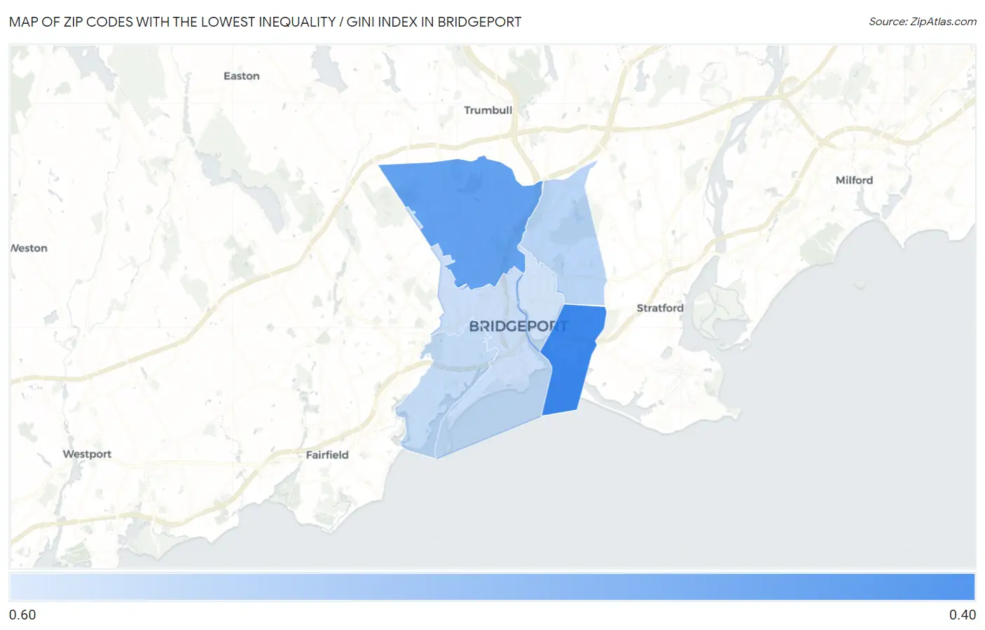 Zip Codes with the Lowest Inequality / Gini Index in Bridgeport Map