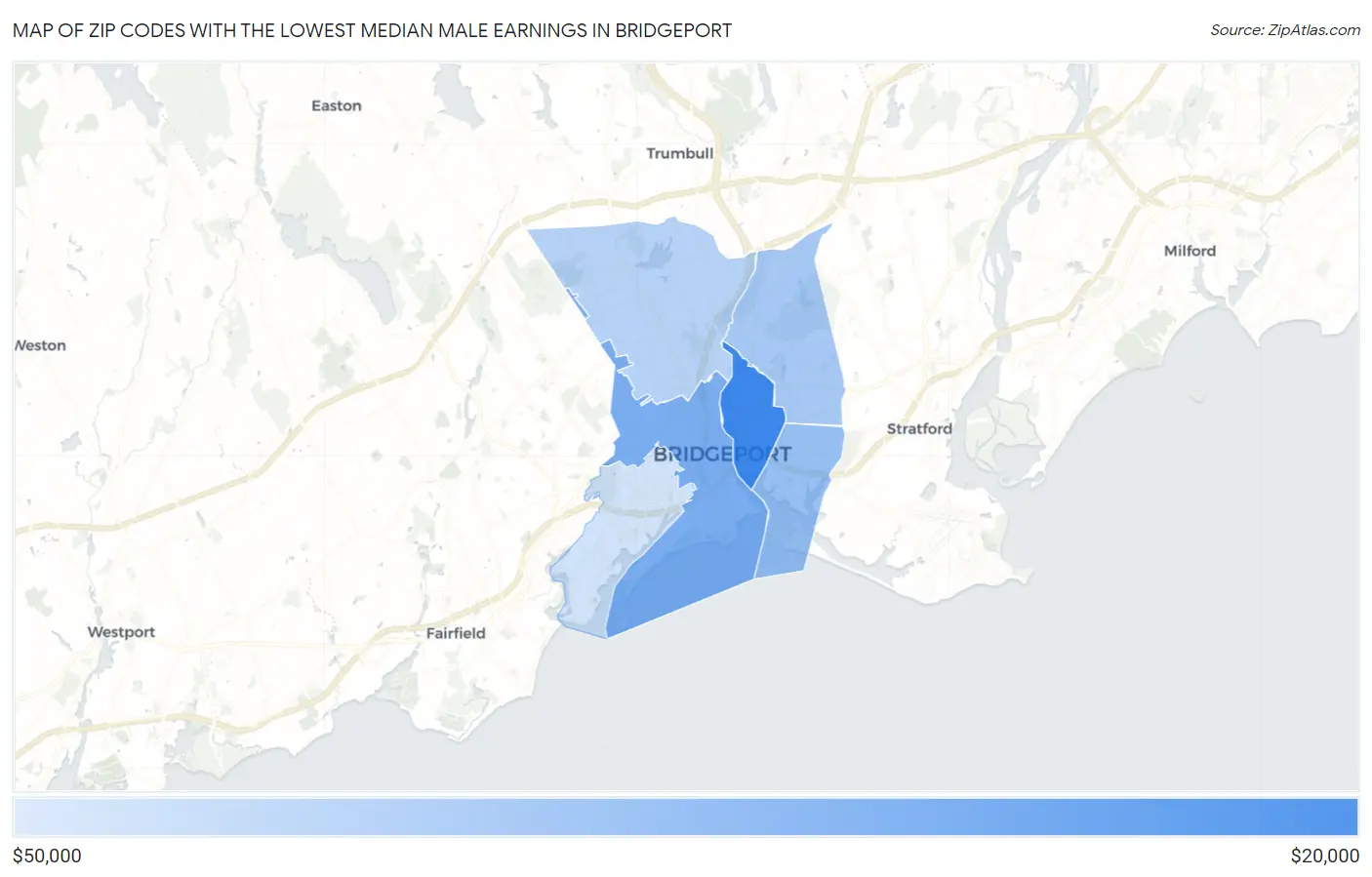 Zip Codes with the Lowest Median Male Earnings in Bridgeport Map