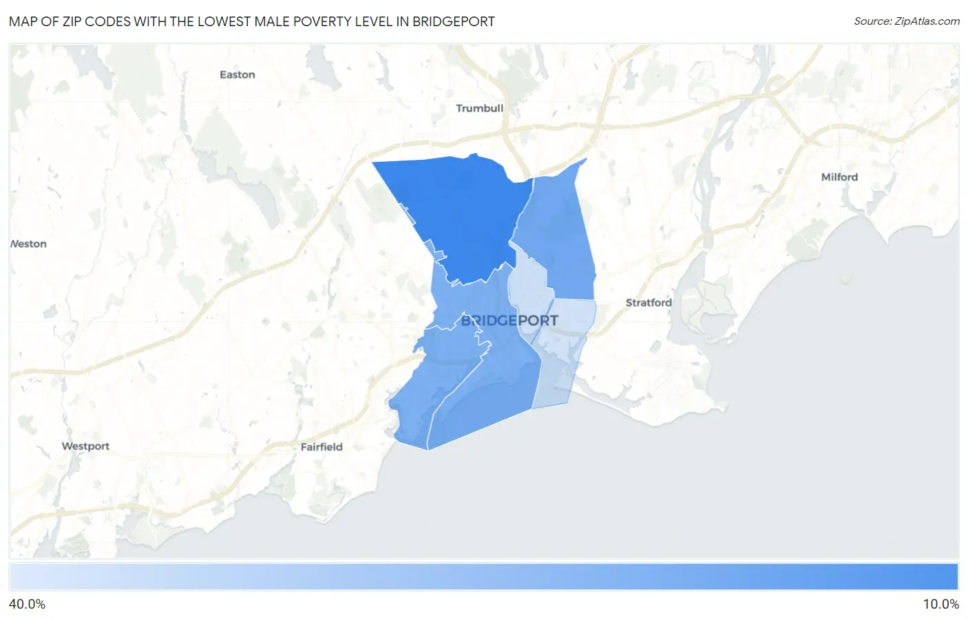 Zip Codes with the Lowest Male Poverty Level in Bridgeport Map