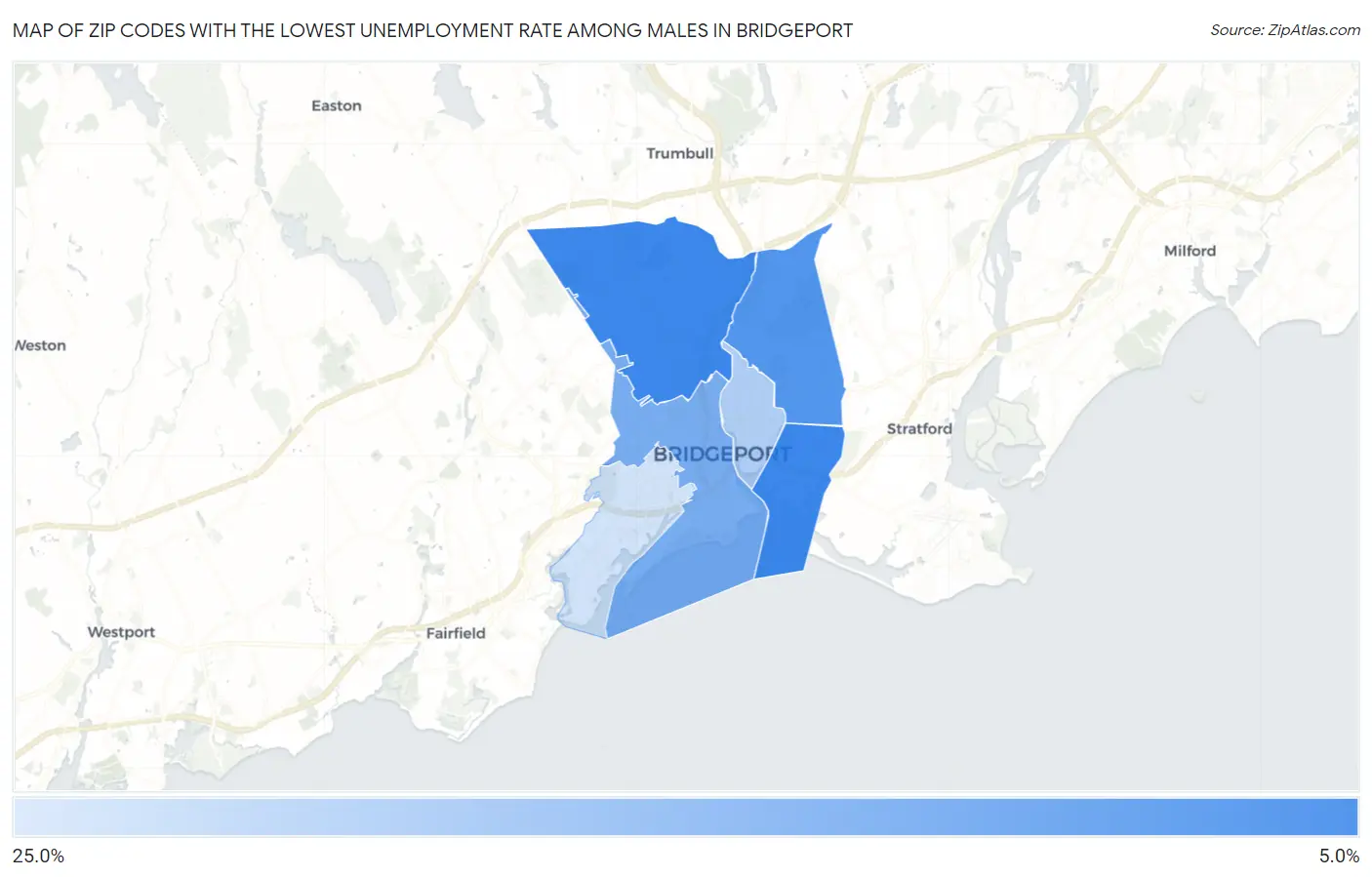 Zip Codes with the Lowest Unemployment Rate Among Males in Bridgeport Map