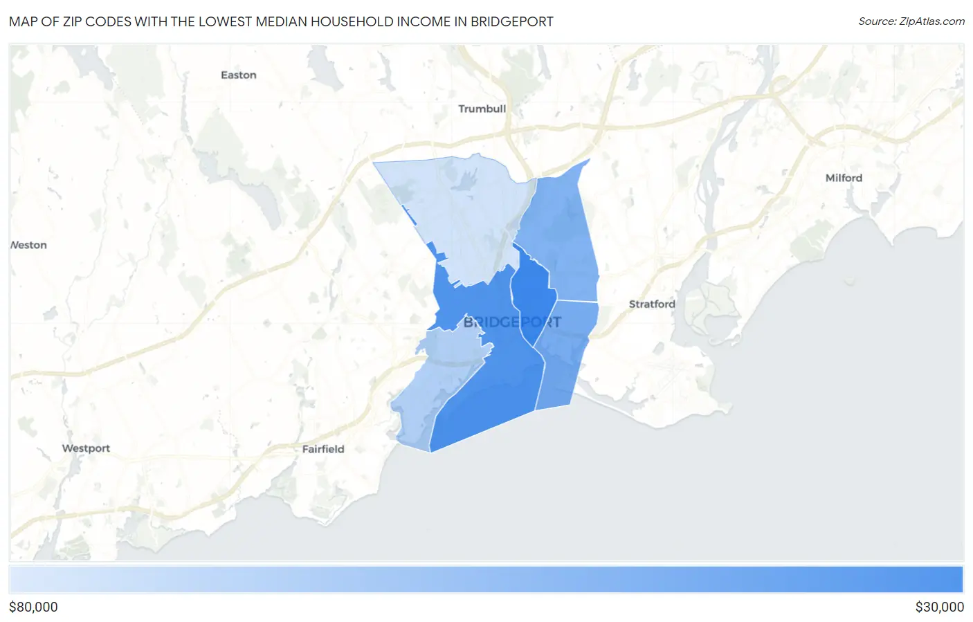 Zip Codes with the Lowest Median Household Income in Bridgeport Map