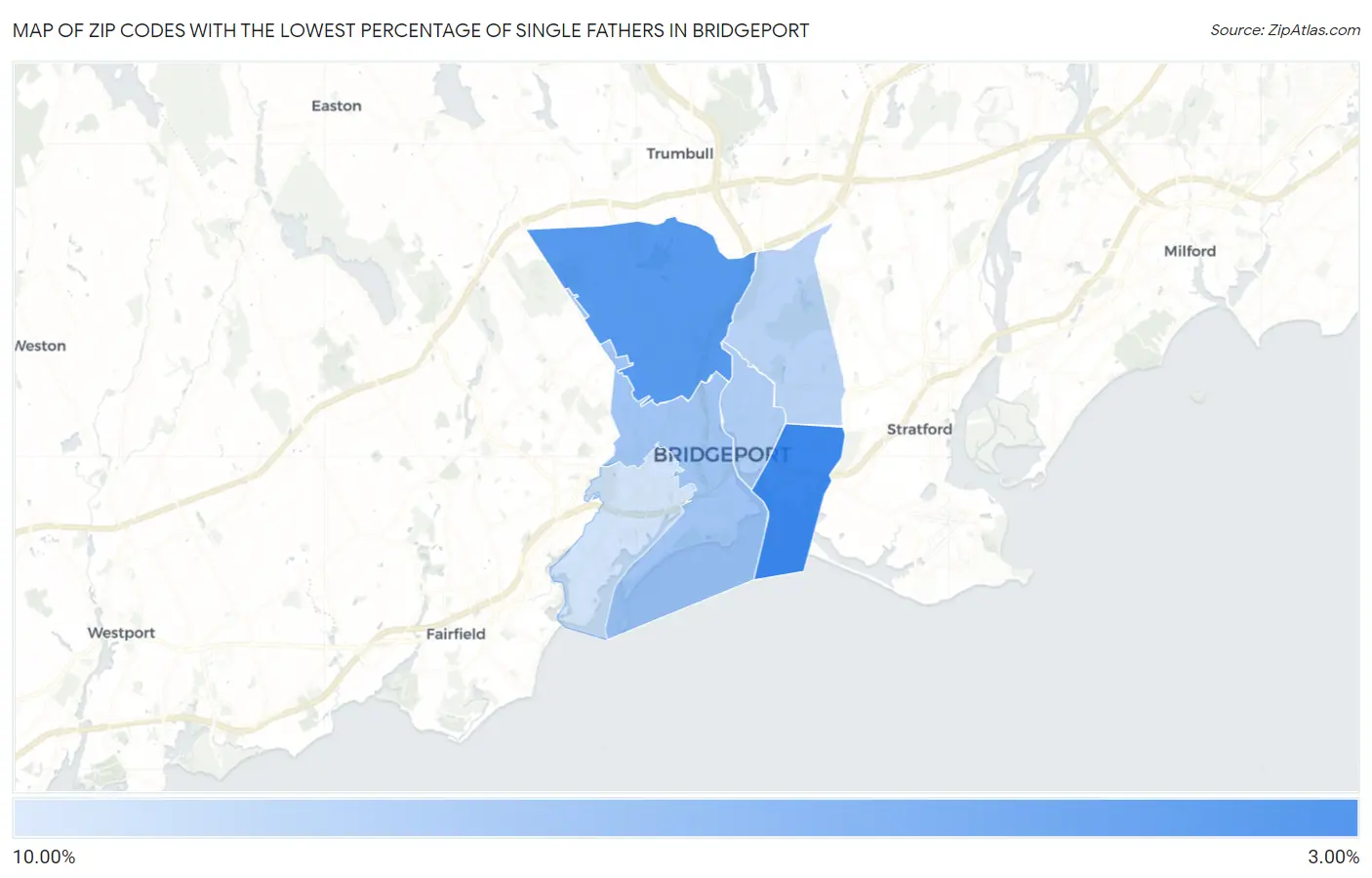 Zip Codes with the Lowest Percentage of Single Fathers in Bridgeport Map