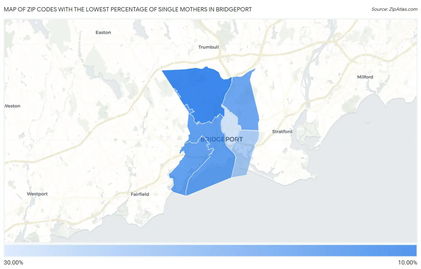 Zip Codes with the Lowest Percentage of Single Mothers in Bridgeport Map