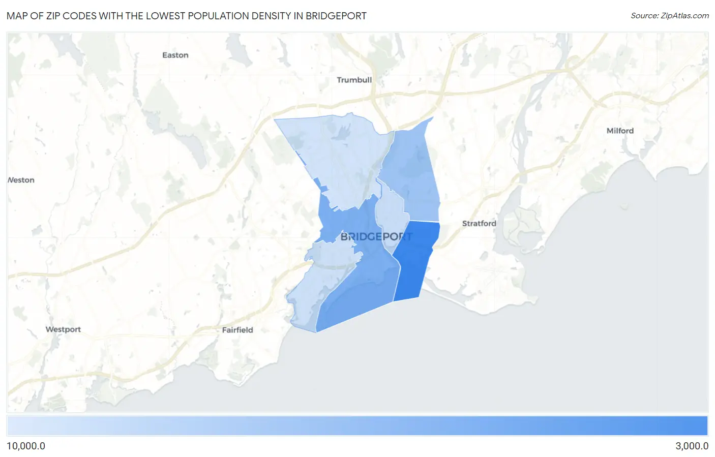Zip Codes with the Lowest Population Density in Bridgeport Map