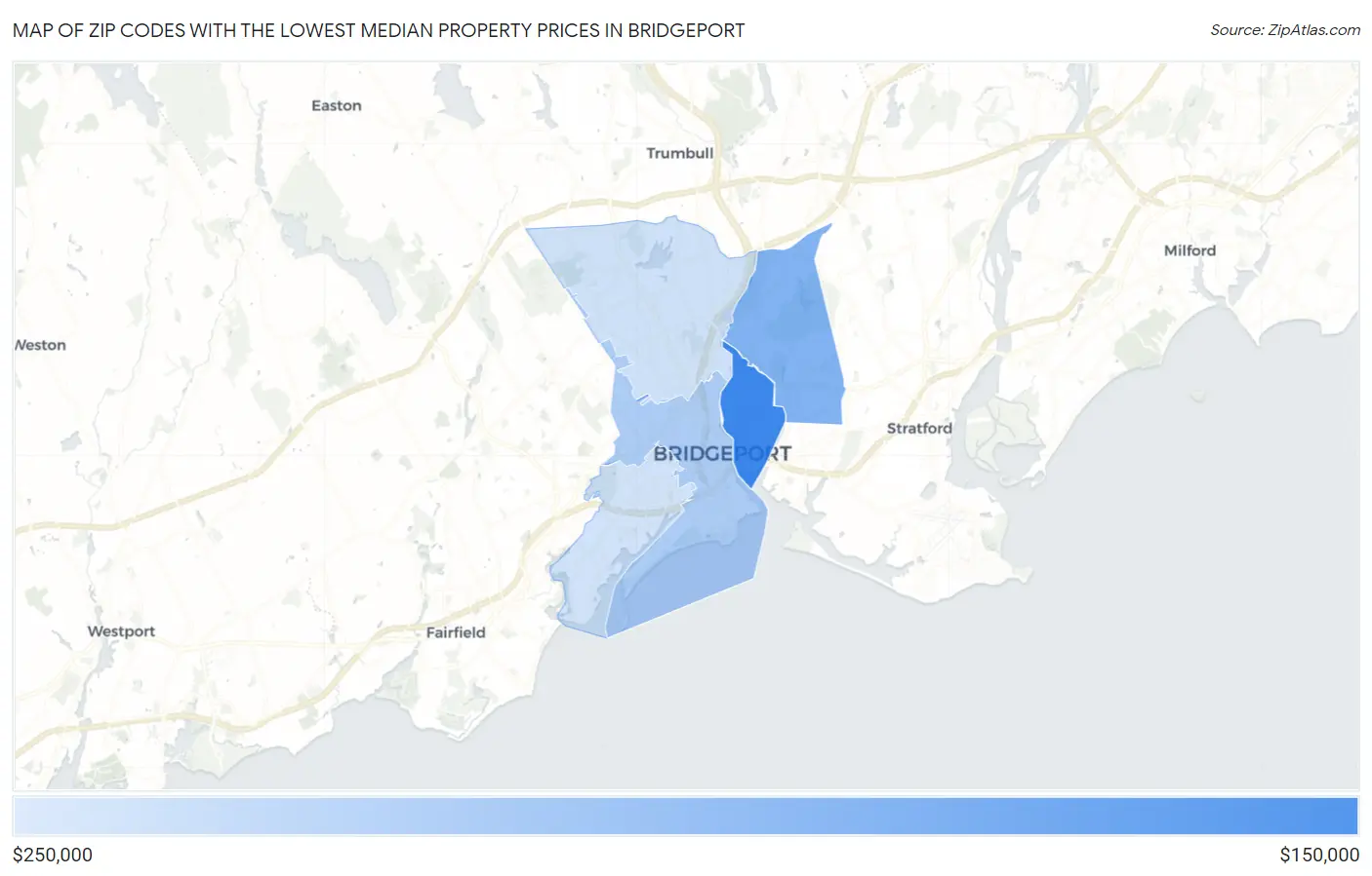 Zip Codes with the Lowest Median Property Prices in Bridgeport Map
