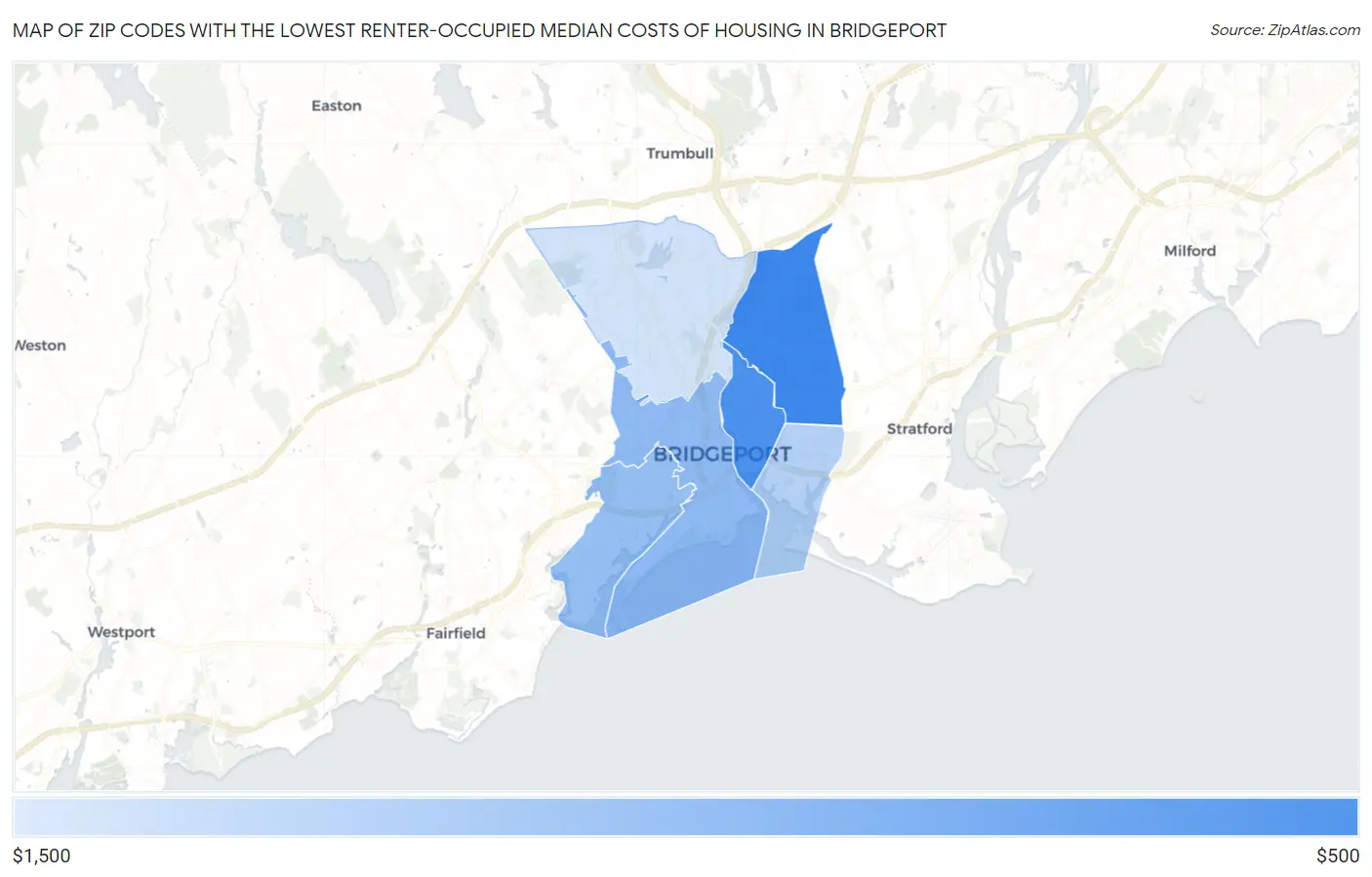 Zip Codes with the Lowest Renter-Occupied Median Costs of Housing in Bridgeport Map