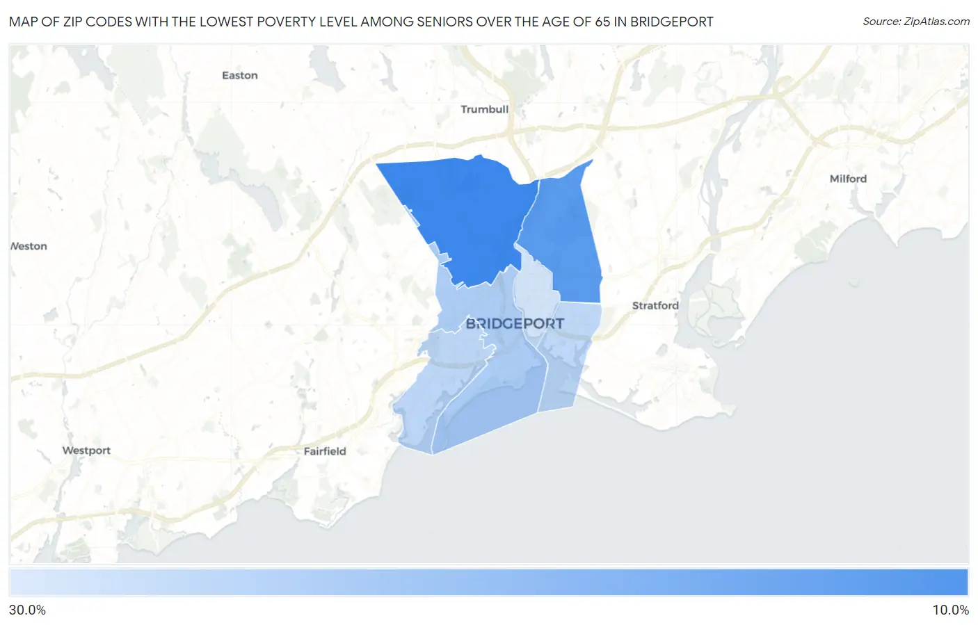 Zip Codes with the Lowest Poverty Level Among Seniors Over the Age of 65 in Bridgeport Map
