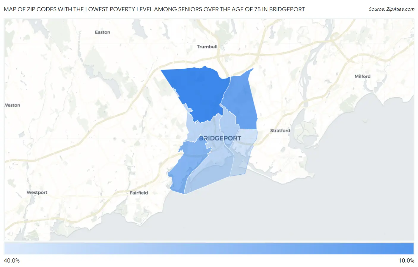 Zip Codes with the Lowest Poverty Level Among Seniors Over the Age of 75 in Bridgeport Map