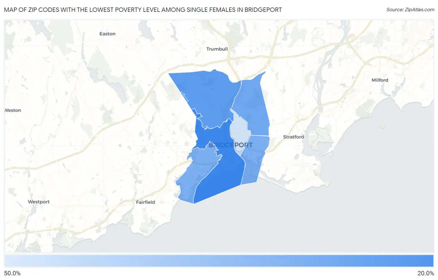 Zip Codes with the Lowest Poverty Level Among Single Females in Bridgeport Map