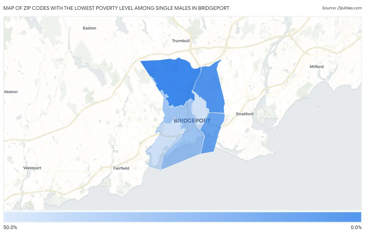 Zip Codes with the Lowest Poverty Level Among Single Males in Bridgeport Map