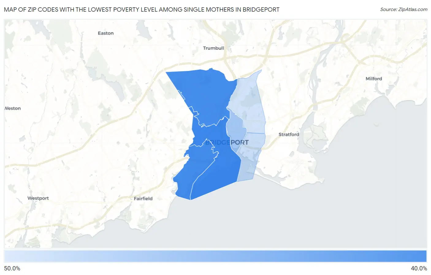 Zip Codes with the Lowest Poverty Level Among Single Mothers in Bridgeport Map