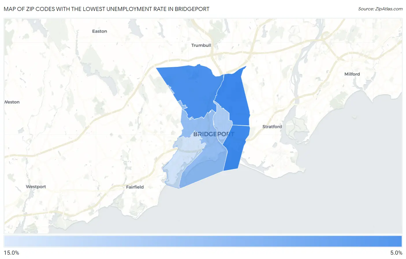Zip Codes with the Lowest Unemployment Rate in Bridgeport Map