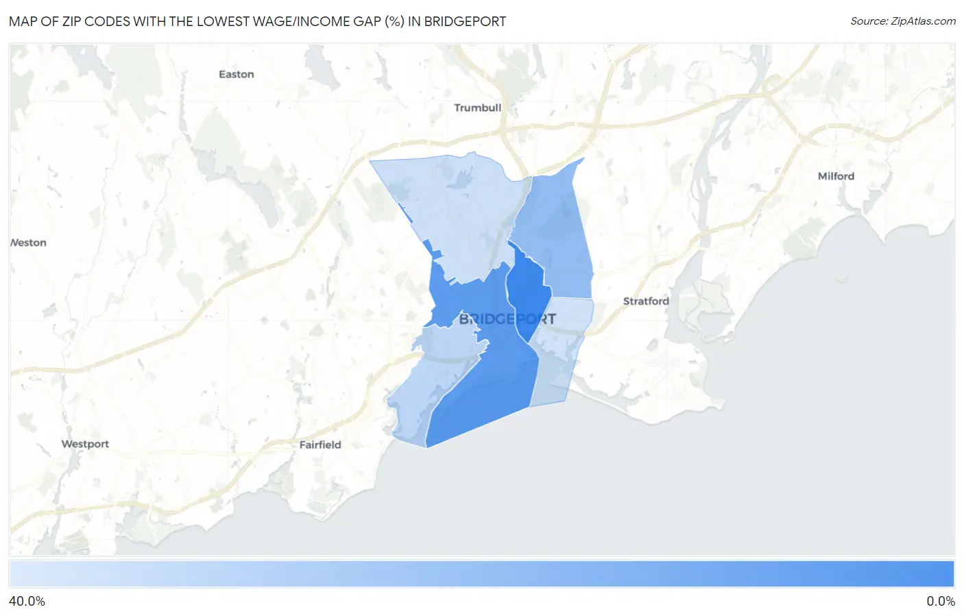 Zip Codes with the Lowest Wage/Income Gap (%) in Bridgeport Map
