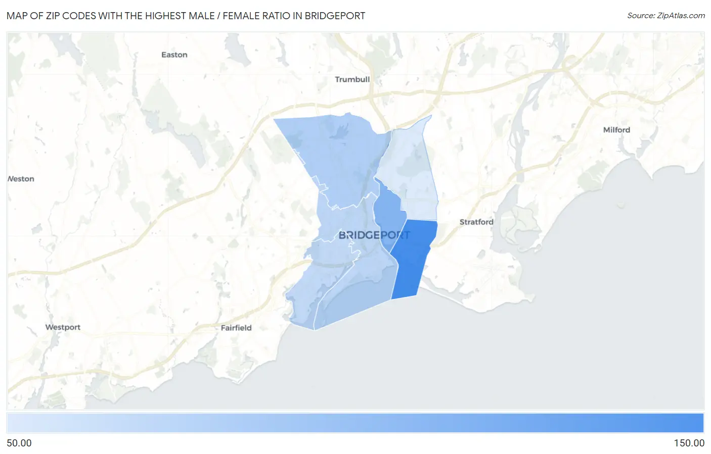 Zip Codes with the Highest Male / Female Ratio in Bridgeport Map