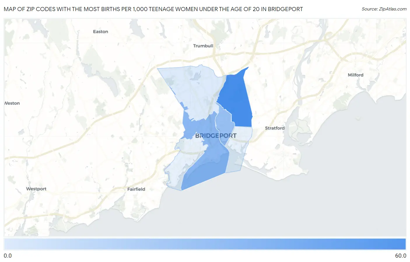 Zip Codes with the Most Births per 1,000 Teenage Women Under the Age of 20 in Bridgeport Map