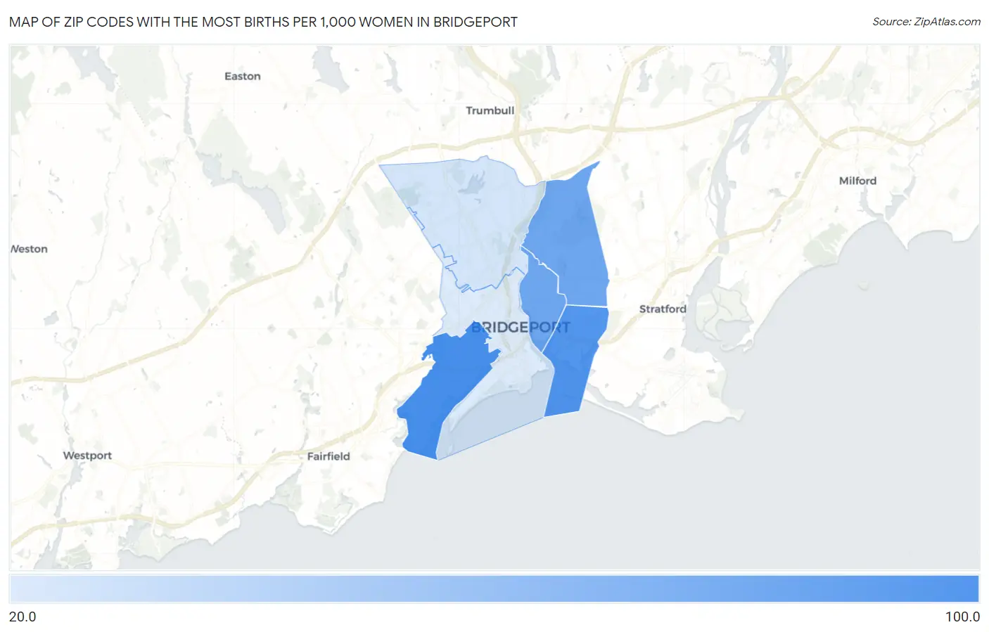 Zip Codes with the Most Births per 1,000 Women in Bridgeport Map