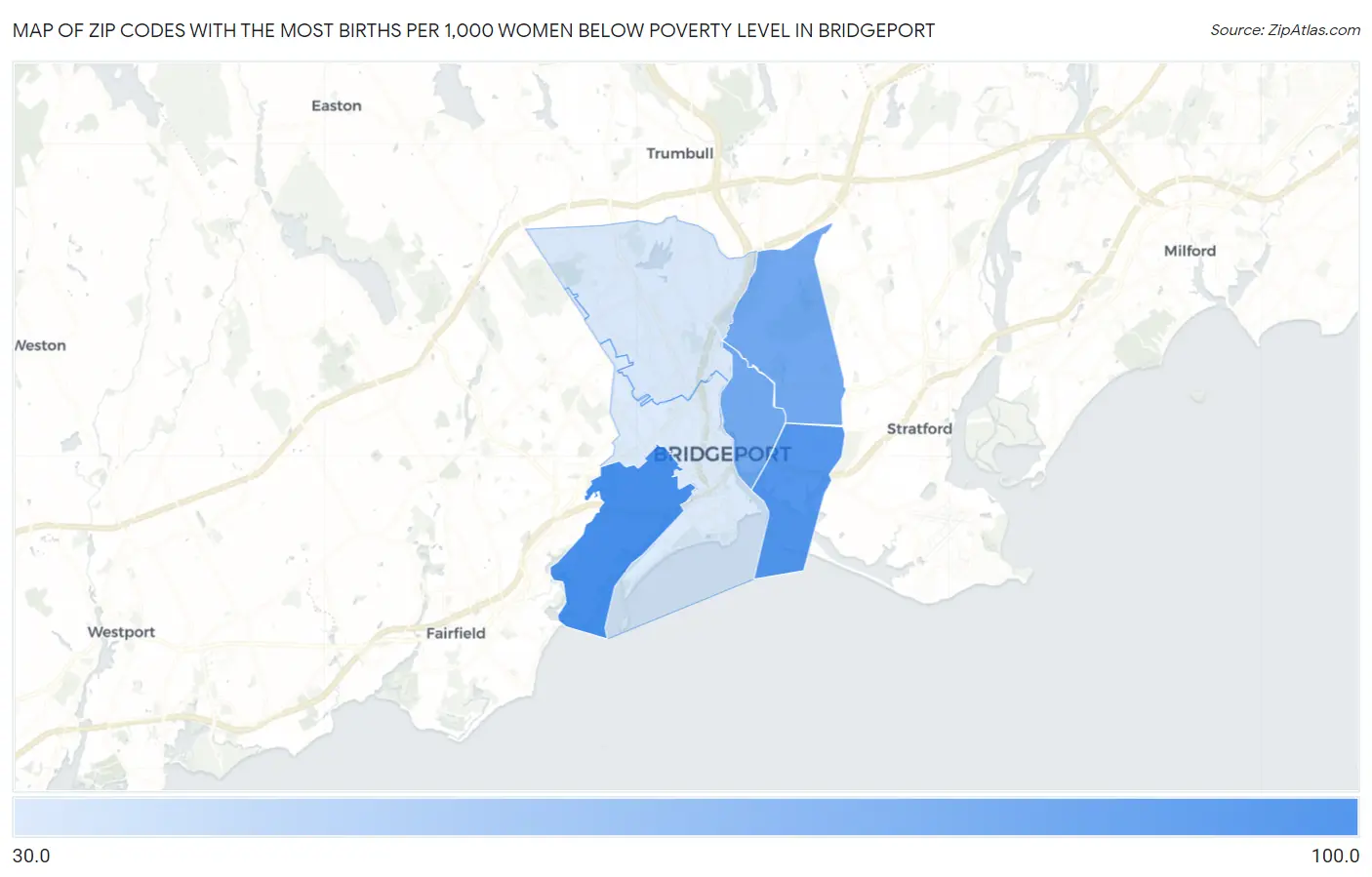 Zip Codes with the Most Births per 1,000 Women Below Poverty Level in Bridgeport Map
