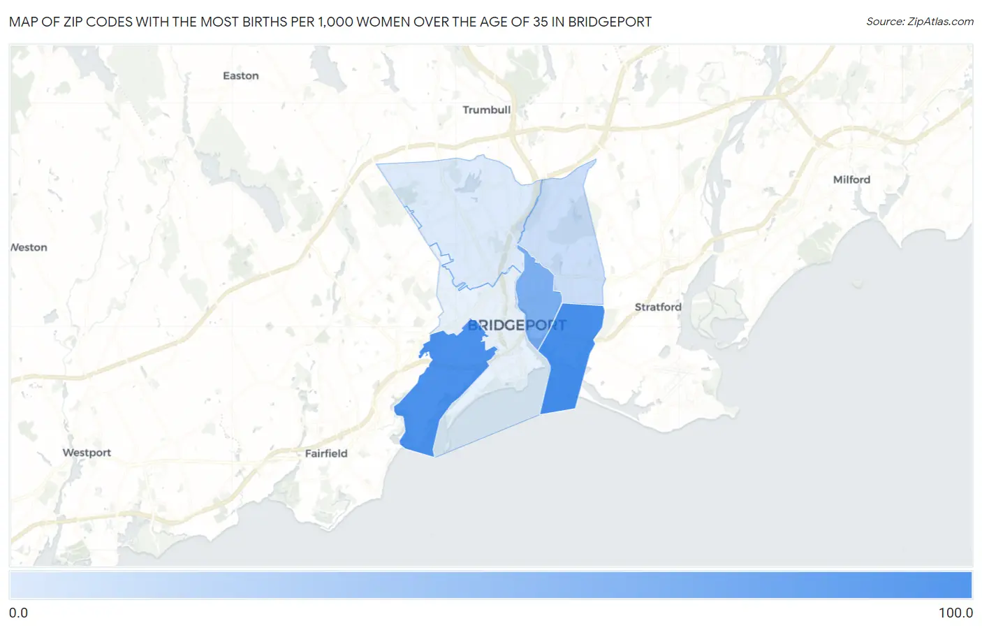 Zip Codes with the Most Births per 1,000 Women Over the Age of 35 in Bridgeport Map