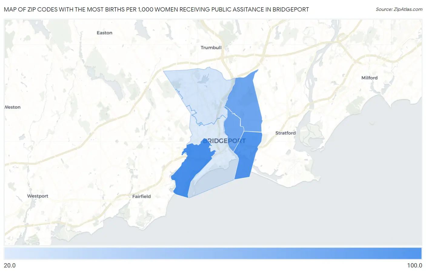 Zip Codes with the Most Births per 1,000 Women Receiving Public Assitance in Bridgeport Map