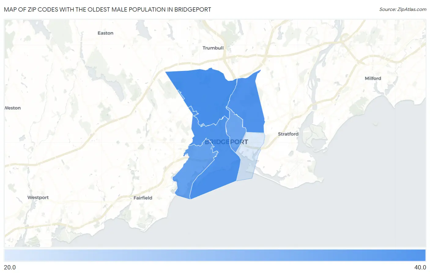 Zip Codes with the Oldest Male Population in Bridgeport Map