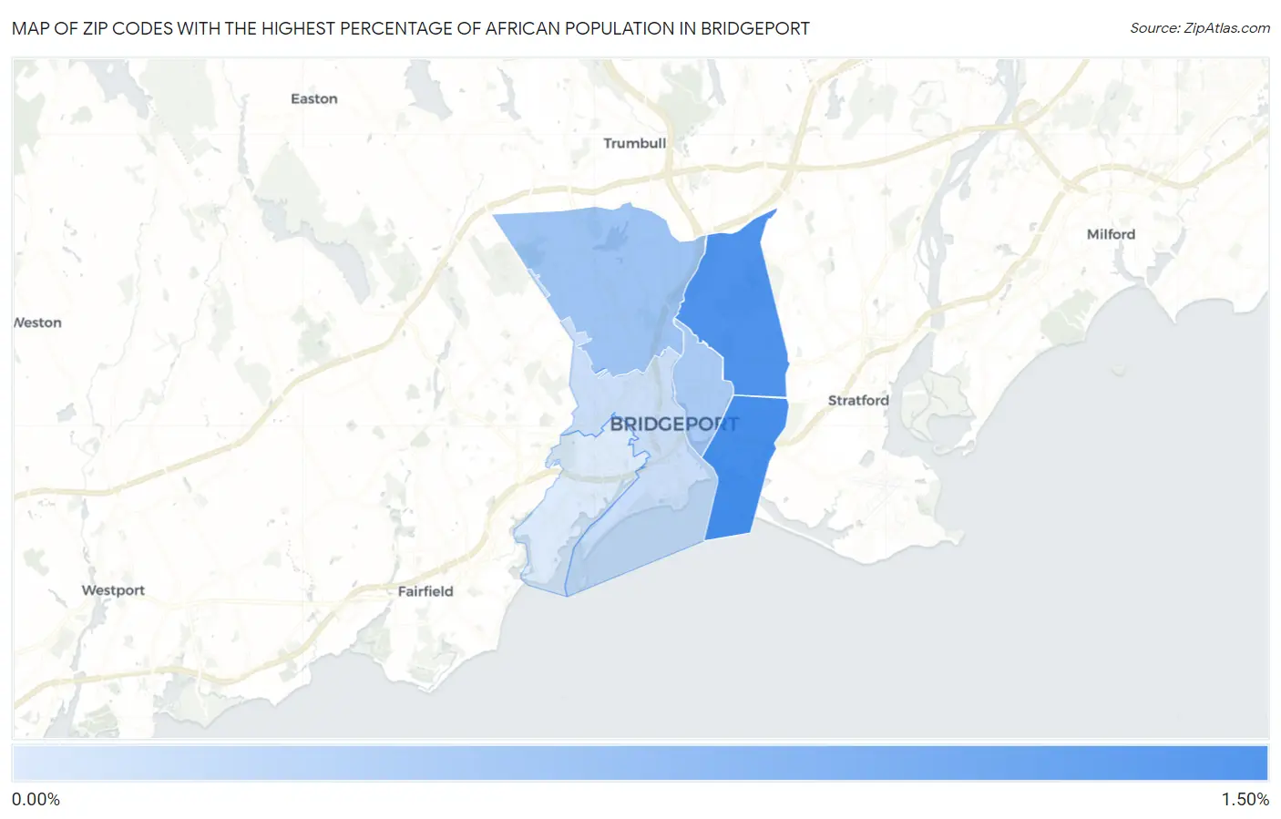 Zip Codes with the Highest Percentage of African Population in Bridgeport Map