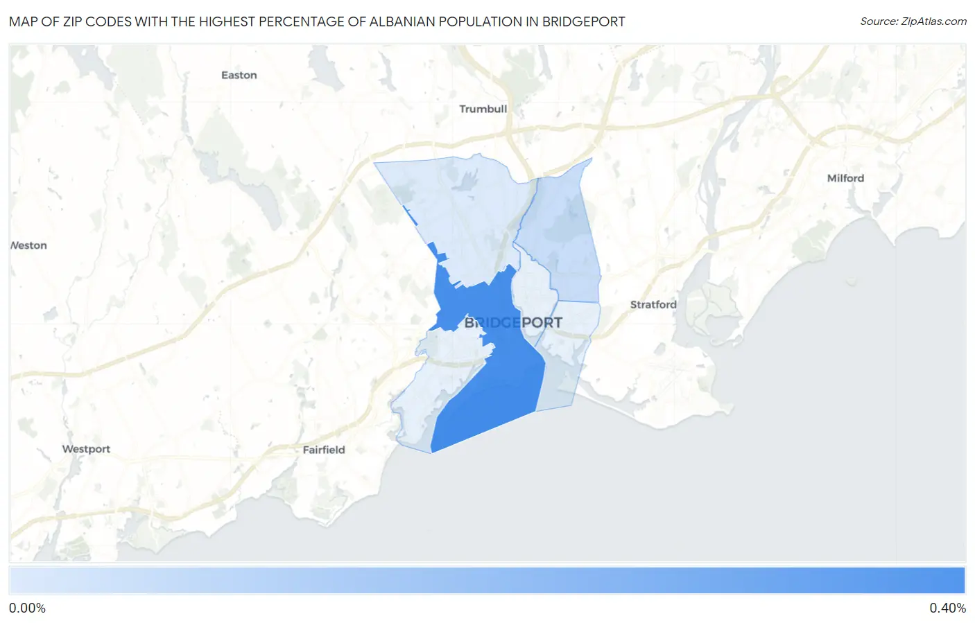 Zip Codes with the Highest Percentage of Albanian Population in Bridgeport Map