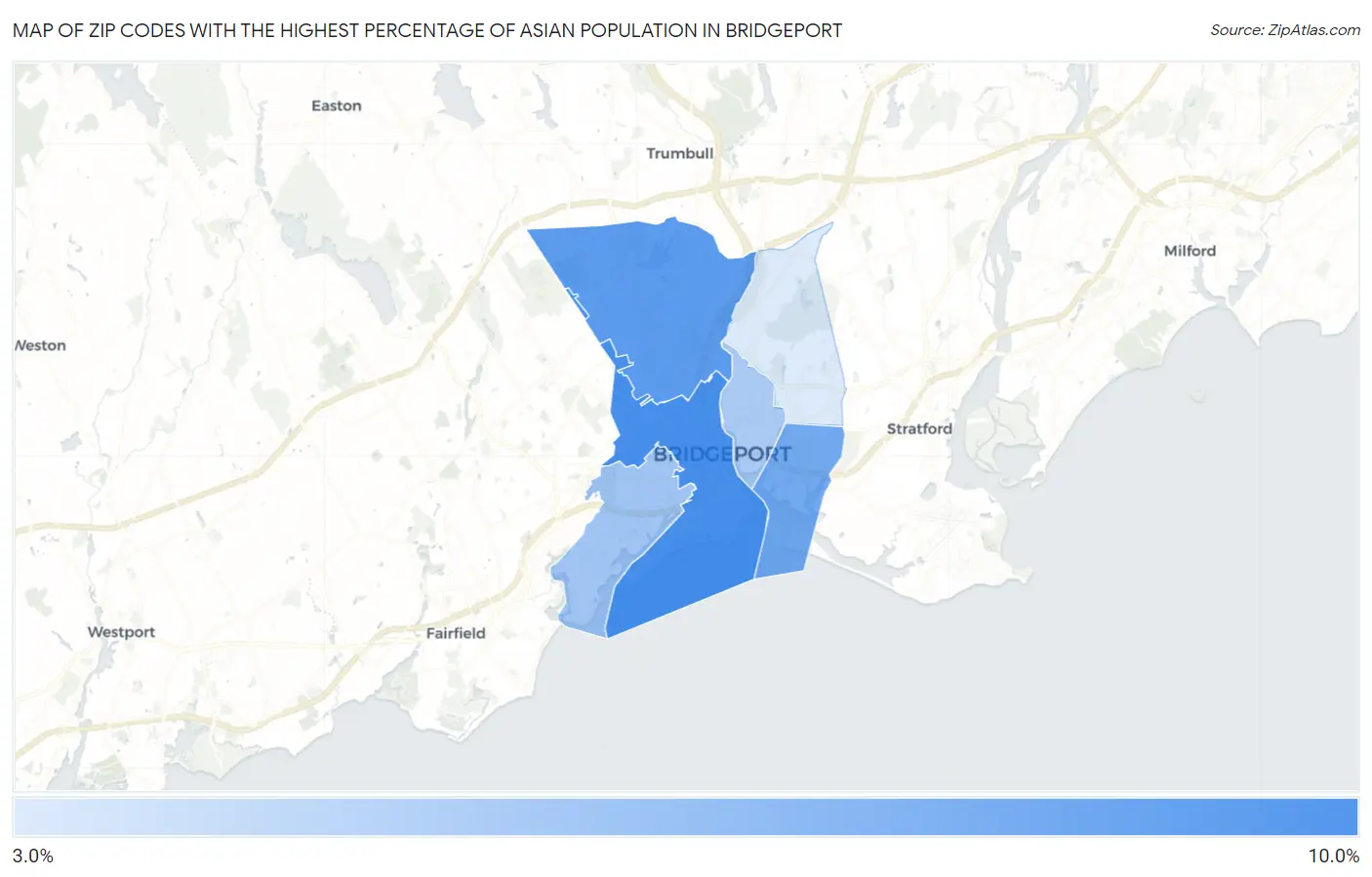 Zip Codes with the Highest Percentage of Asian Population in Bridgeport Map