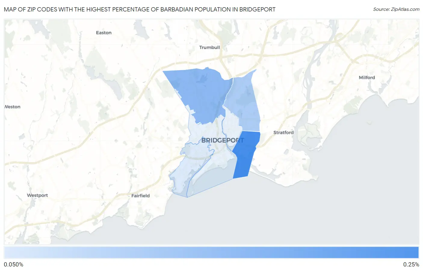 Zip Codes with the Highest Percentage of Barbadian Population in Bridgeport Map