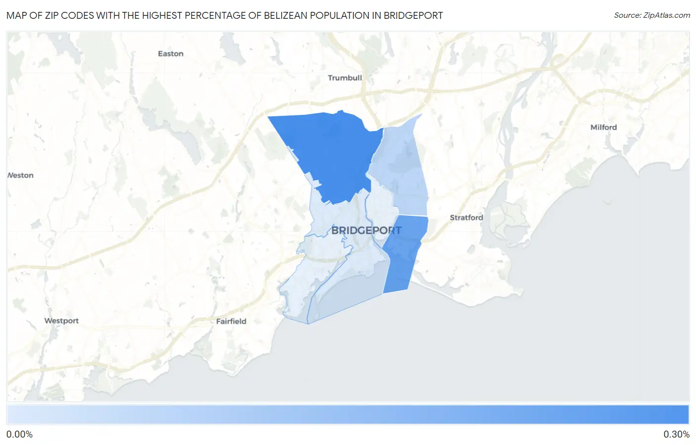 Zip Codes with the Highest Percentage of Belizean Population in Bridgeport Map