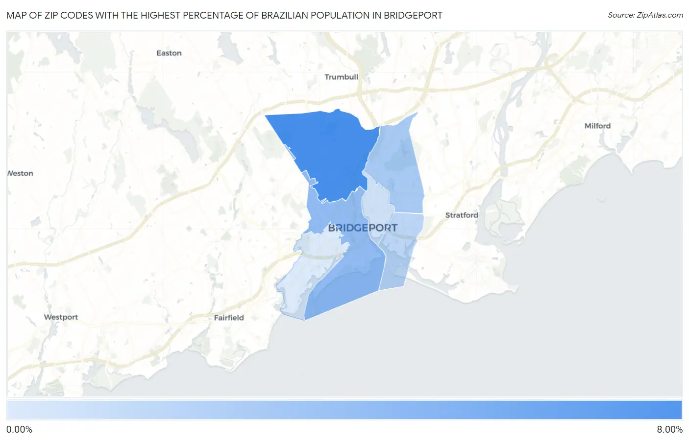 Zip Codes with the Highest Percentage of Brazilian Population in Bridgeport Map